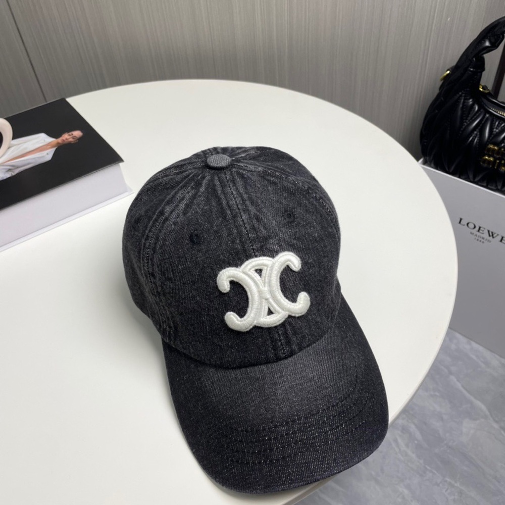 Celine hats Washed Black Denim Baseball Cap with White Embroidered Accent